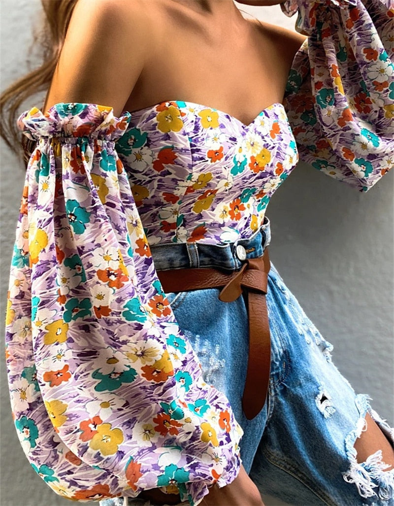 Floral Print Long Lantern Sleeve Off Shoulder Blouse