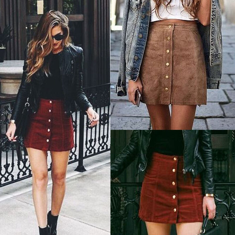 High Waist Button Suede Leather Pocket Skirt