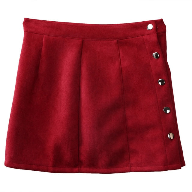 High Waist Button Suede Leather Pocket Skirt