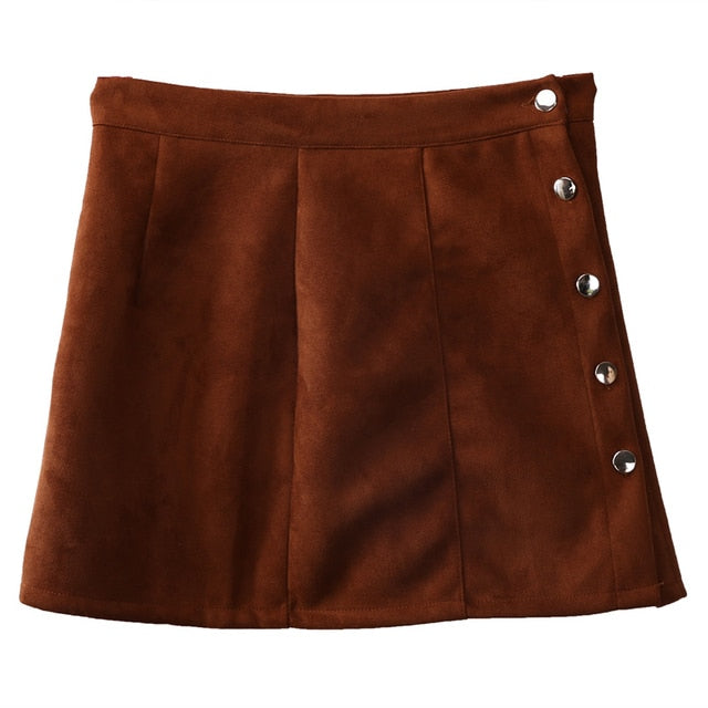 High Waist Button Suede Leather Pocket Skirt