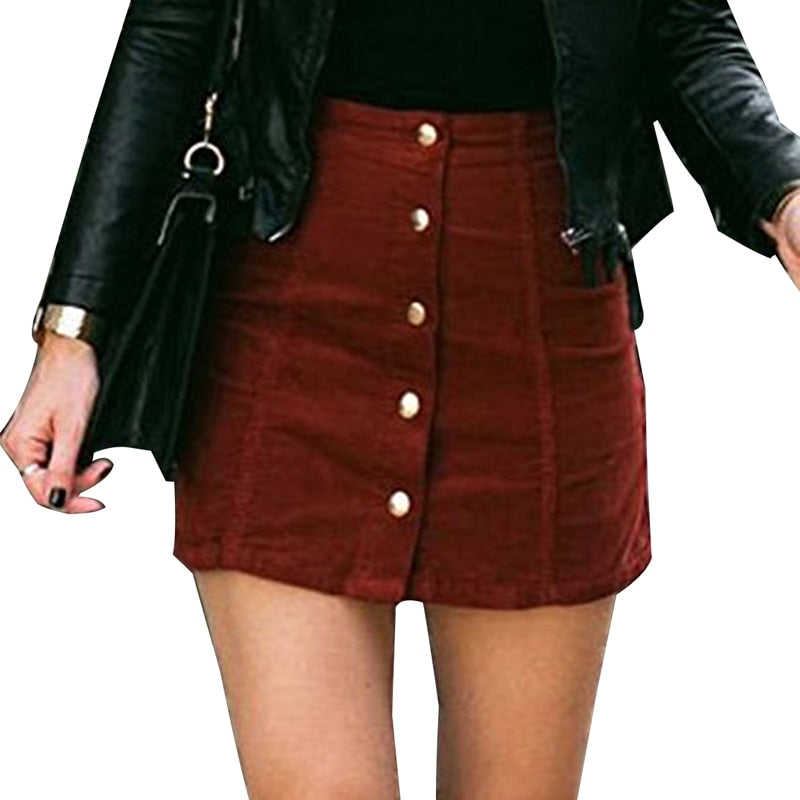 High Waist Button Suede Leather Pocket Skirt