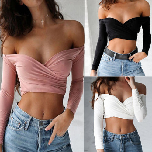 Off Shoulder  Long Sleeve Crop Top