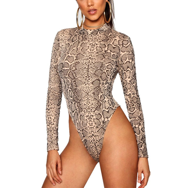 Snake Print Long Sleeve O-Neck Bodysuit