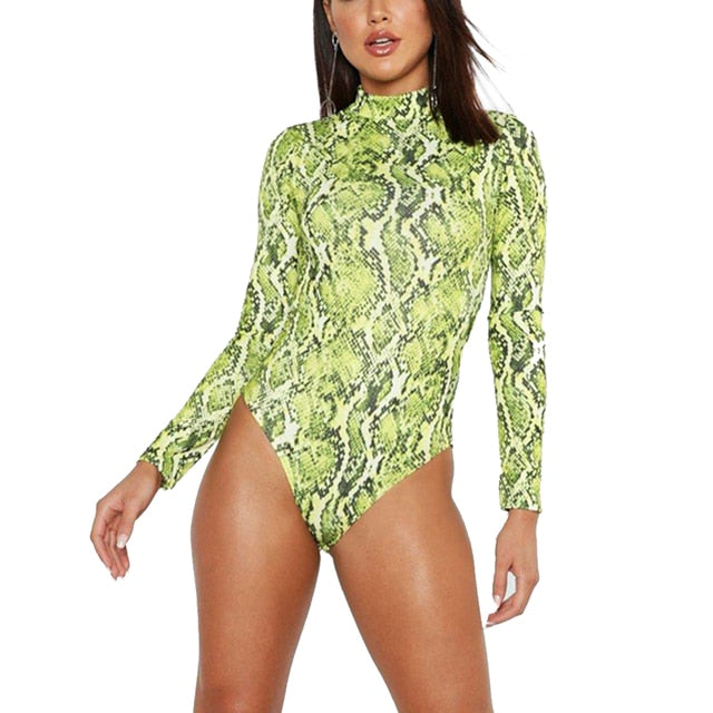 Snake Print Long Sleeve O-Neck Bodysuit