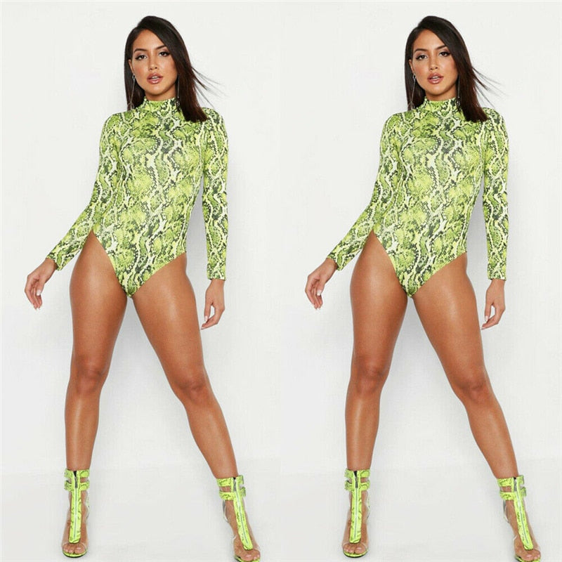 Snake Print Long Sleeve O-Neck Bodysuit