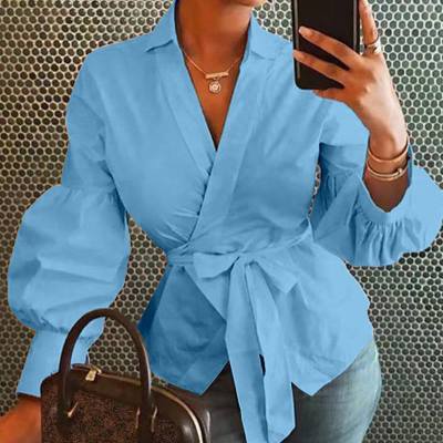 V-neck Long Sleeve Bandage Blouse