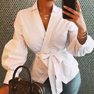 V-neck Long Sleeve Bandage Blouse