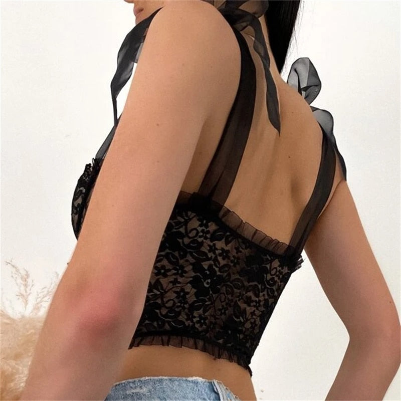 Strap Mesh Lace Foral Crop Top
