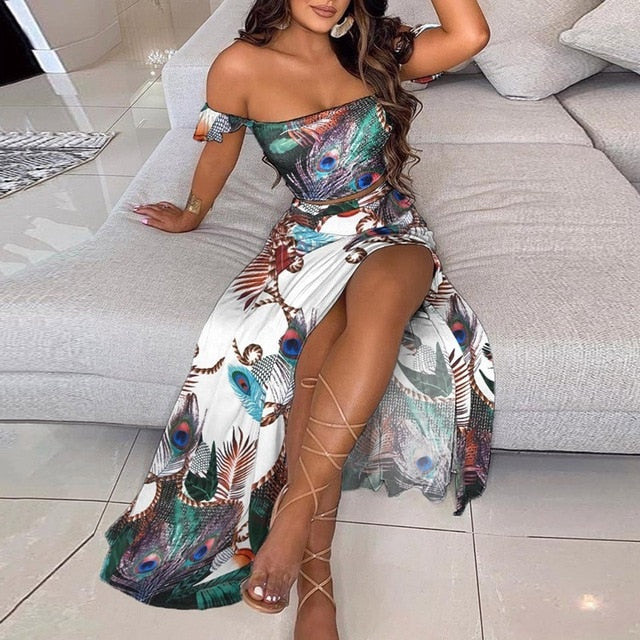 Floral Print Elegant Off Shoulder Crop Top & Split Long Maxi Skirt