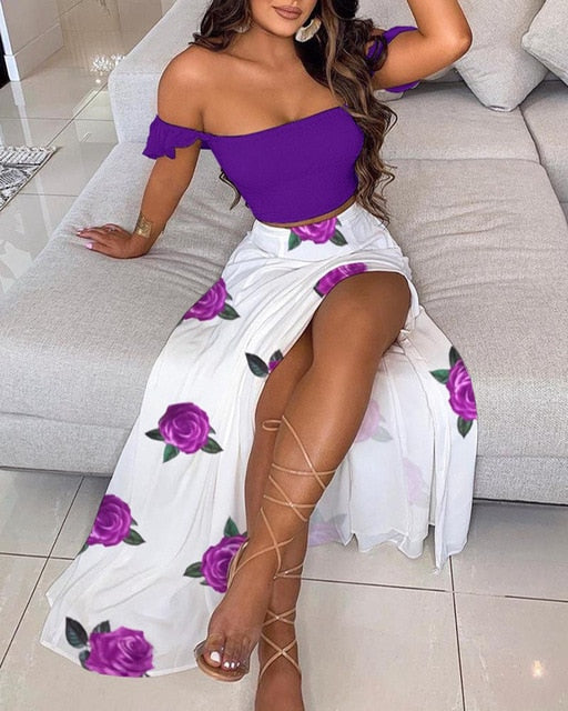 Floral Print Elegant Off Shoulder Crop Top & Split Long Maxi Skirt