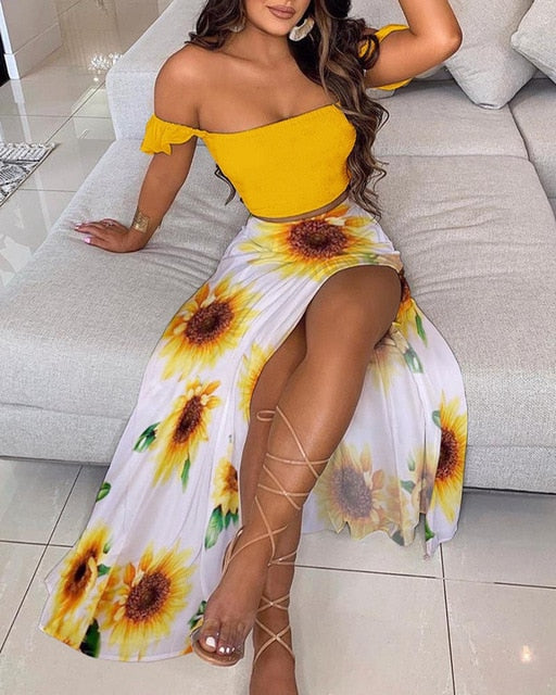 Floral Print Elegant Off Shoulder Crop Top & Split Long Maxi Skirt