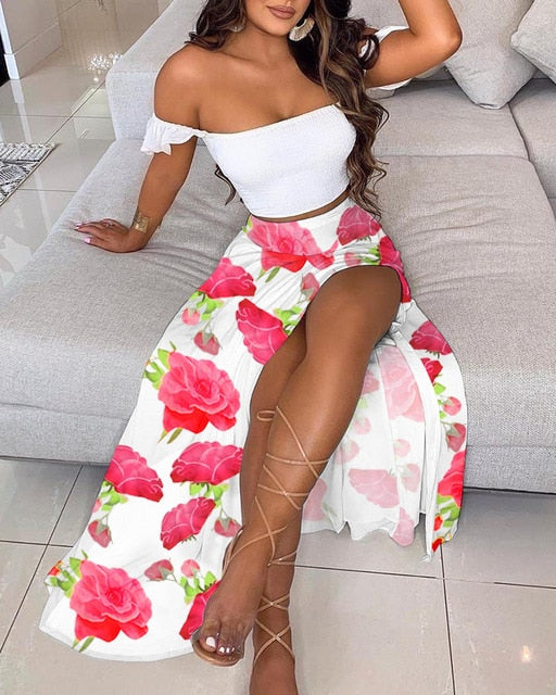 Floral Print Elegant Off Shoulder Crop Top & Split Long Maxi Skirt