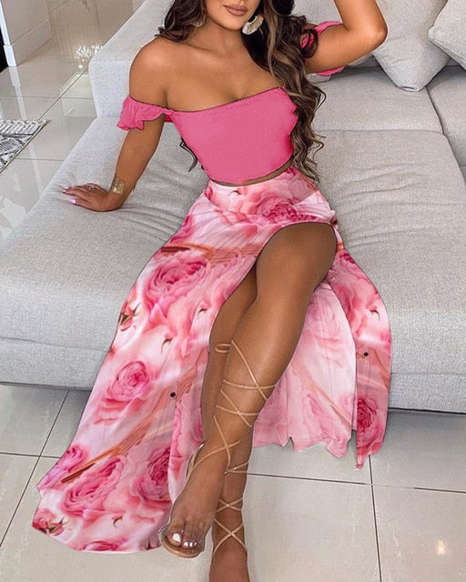 Floral Print Elegant Off Shoulder Crop Top & Split Long Maxi Skirt