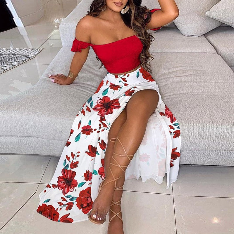 Floral Print Elegant Off Shoulder Crop Top & Split Long Maxi Skirt