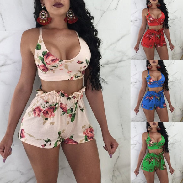 Two Piece  Floral Sleeveless Crop Top and Shorts