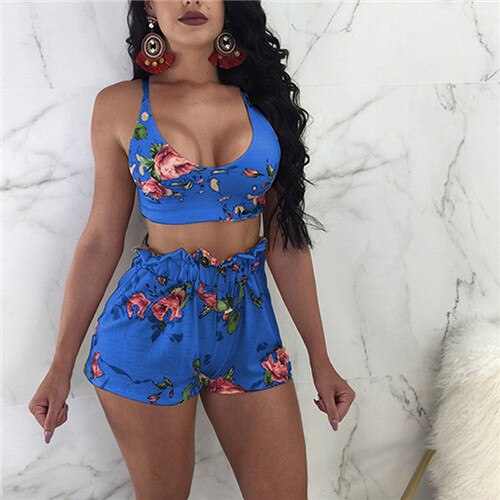 Two Piece  Floral Sleeveless Crop Top and Shorts