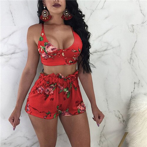 Two Piece  Floral Sleeveless Crop Top and Shorts