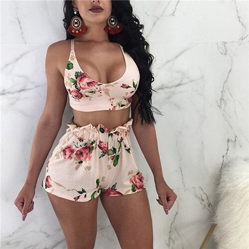 Two Piece  Floral Sleeveless Crop Top and Shorts