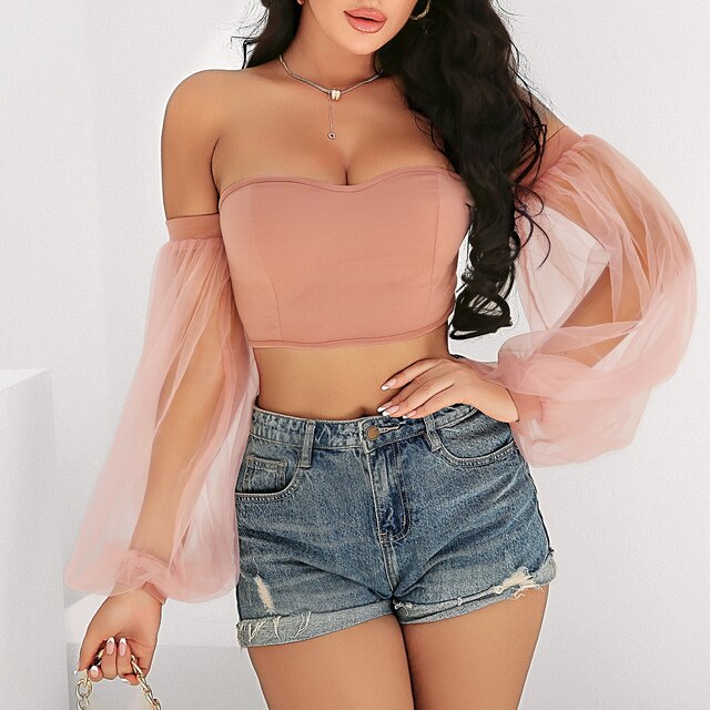 Off Shoulder Long Lantern Sleeve Crop Top