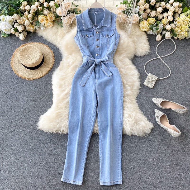 Turn-down Collar Sleeveless Straight Wide Leg Jumpsuit