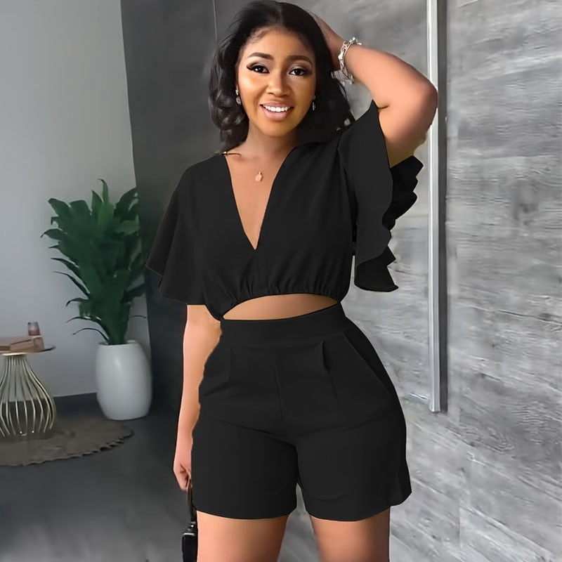 Deep V Neck Ruffle Sleeve  Crop Top & Biker Shorts