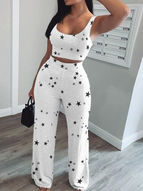 Two Piece  Star Print Crop Tank & Long Pants