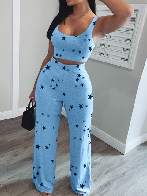 Two Piece  Star Print Crop Tank & Long Pants