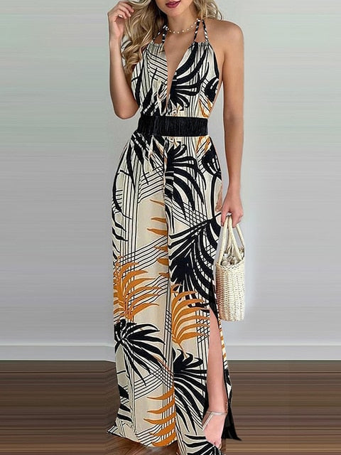 Backless Strap V-neck Print Split Loose Jumpsuit