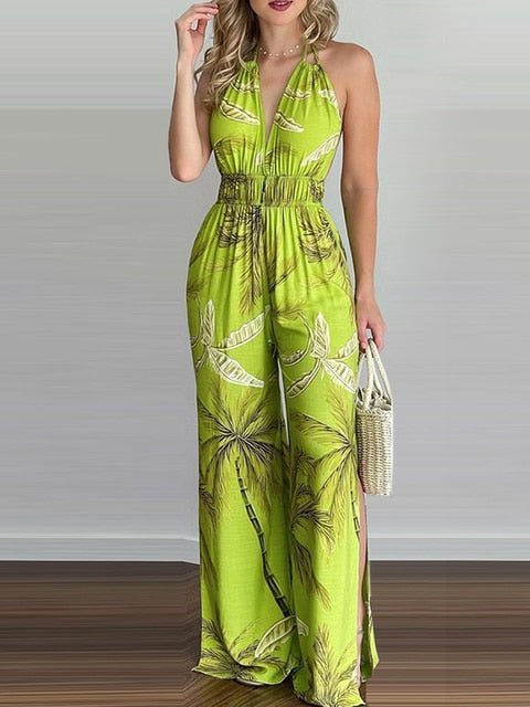 Backless Strap V-neck Print Split Loose Jumpsuit