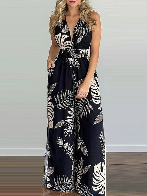 Backless Strap V-neck Print Split Loose Jumpsuit