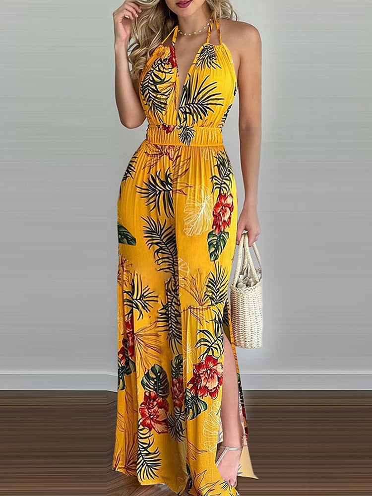 Backless Strap V-neck Print Split Loose Jumpsuit