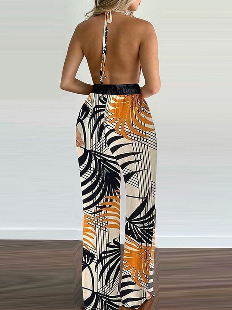 Backless Strap V-neck Print Split Loose Jumpsuit