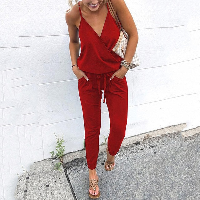 V-neck Cotton Loose Casual Jumpsuit