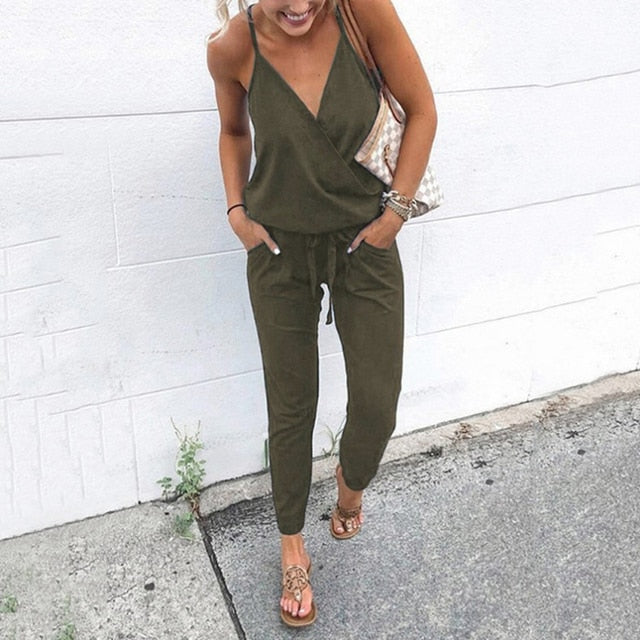 V-neck Cotton Loose Casual Jumpsuit