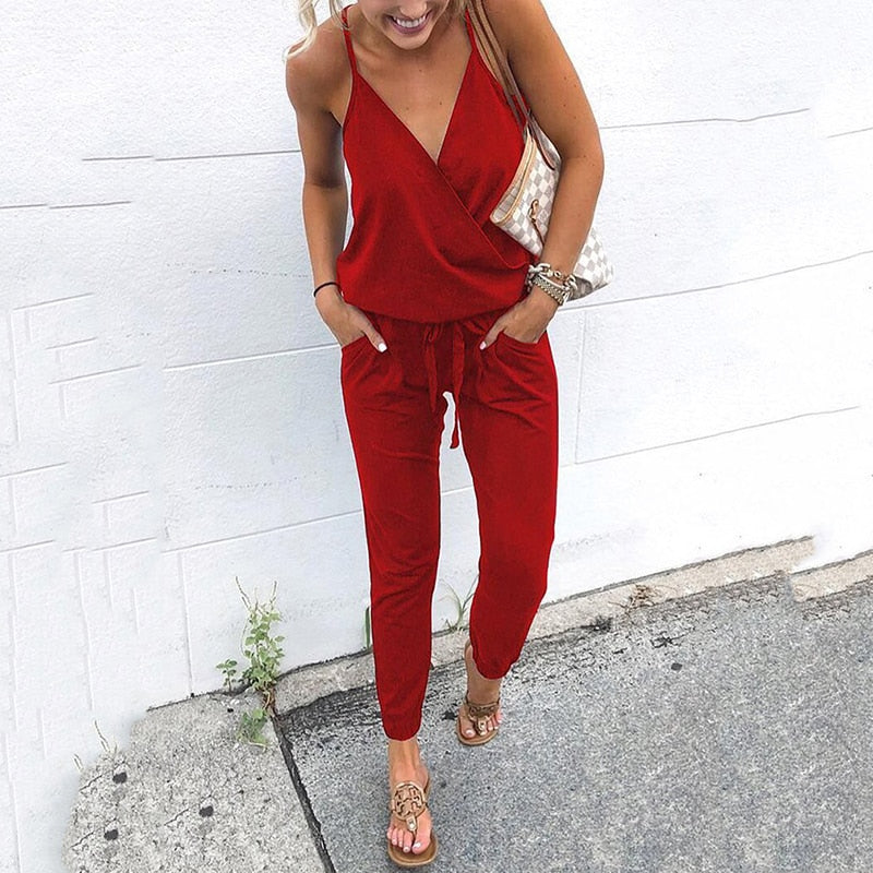 V-neck Cotton Loose Casual Jumpsuit