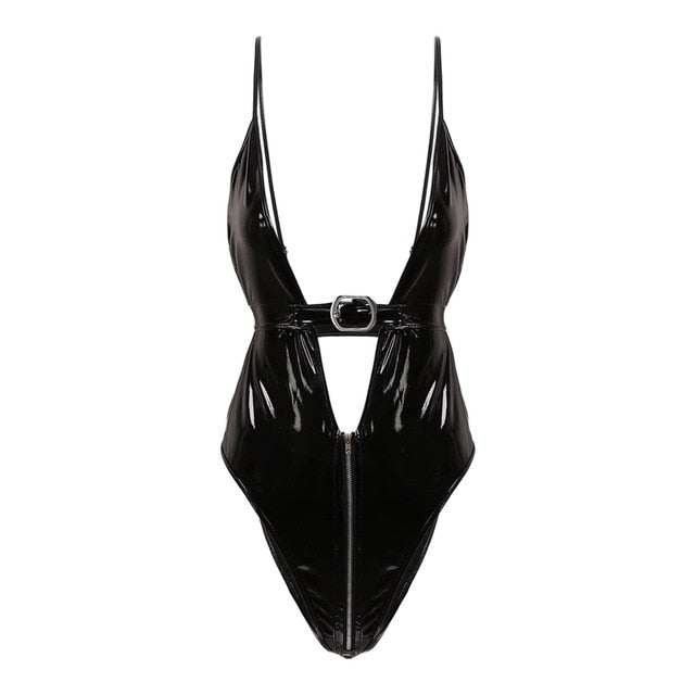 Leather Deep V High Cut Thong  Bodysuit