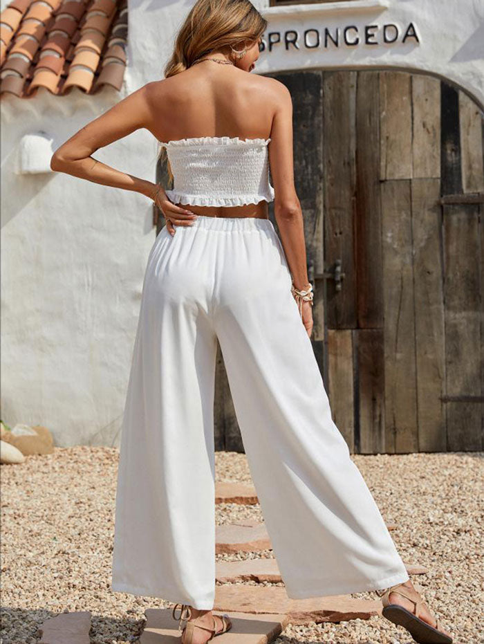 Casual Ruffle Bowknot & Wide Leg Pants Set