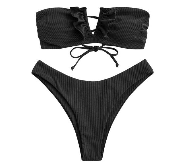 V-wired Ruffle Ribbed High Cut Bikini