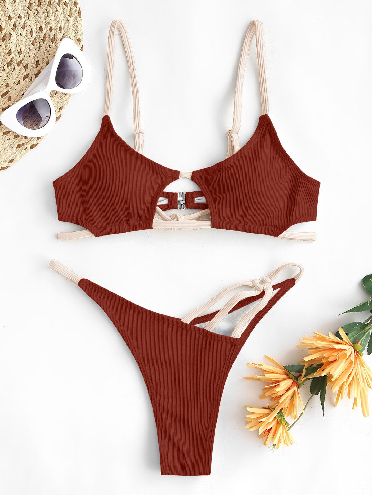 Two Piece Contrast Strap Ribbed Bikinis Set