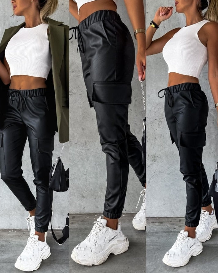 PU Leather Cuffed Pants