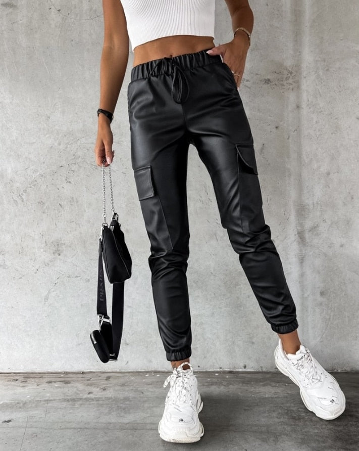 PU Leather Cuffed Pants